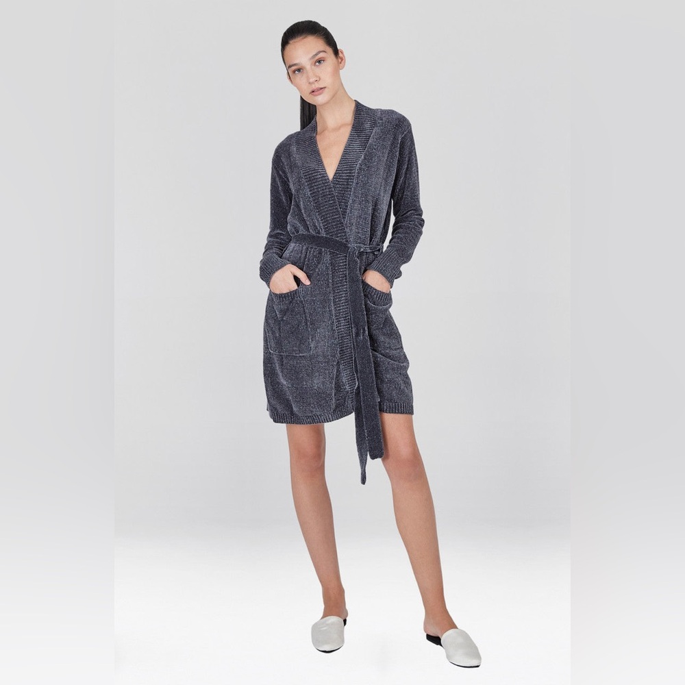 Natori Sweater Robe Womens L Tranquility Chenille Parch Pockets Charcoal Cozy